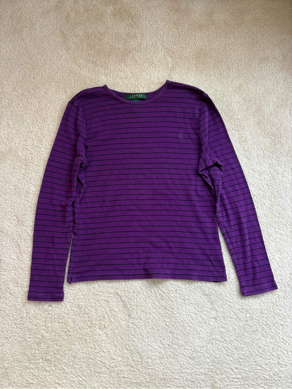 Lauren Ralph Lauren purple crew neck black stripes long sleeve tee sz S capsule